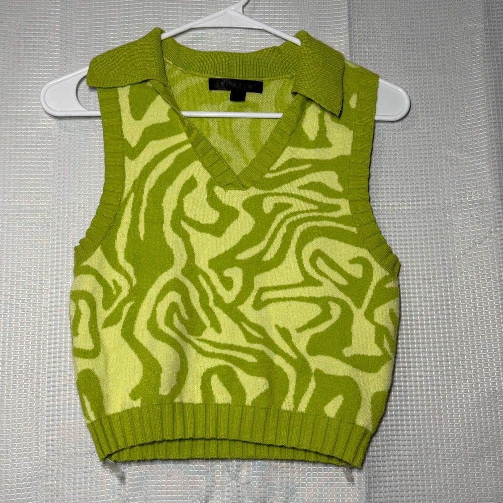 Say What? Sweater Vest Kids M Lime Green Psychedelic Swirl Knit Collared